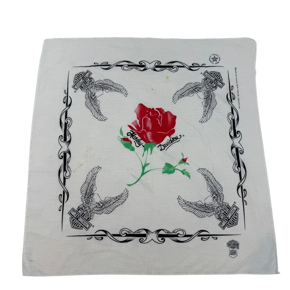 Vintage Harley Davidson Bandana White Red Rose Eagle Biker Scarf Made in USA